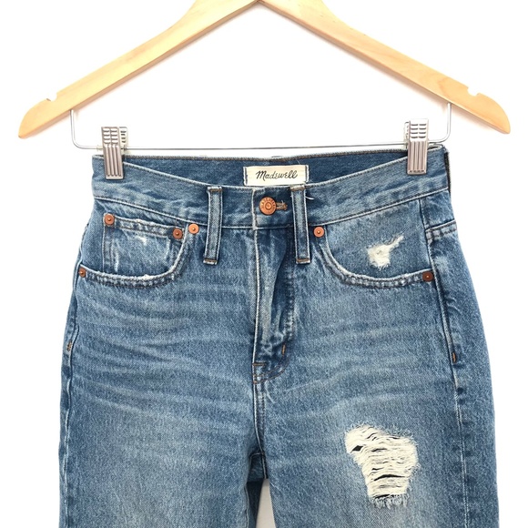 Madewell Classic Straight High Waisted Distressed Light Wash Jeans - Picture 5 of 8
